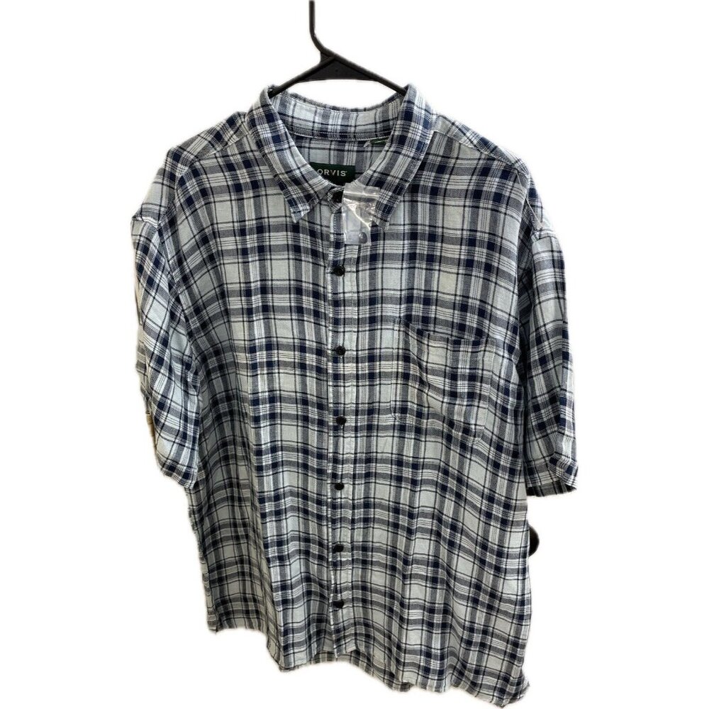 Orvis Shirt Mens Large Linen Tencel Blend Active Fit Plaid Seafoam Hiking